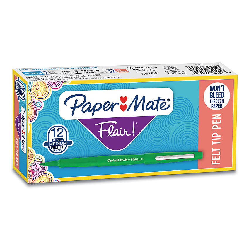 Paper Mate Point Guard Flair Felt Tip Porous Point Pen, Stick, Medium 0.7 mm, Green Ink, Green Barrel, Dozen (8440152)