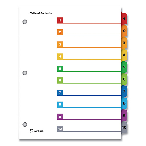 Cardinal OneStep Printable Table of Contents and Dividers, 10-Tab, 1 to 10, 11 x 8.5, White, Assorted Tabs, 1 Set (61018)