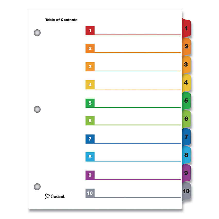 Cardinal OneStep Printable Table of Contents and Dividers, 10-Tab, 1 to 10, 11 x 8.5, White, Assorted Tabs, 1 Set (61018)