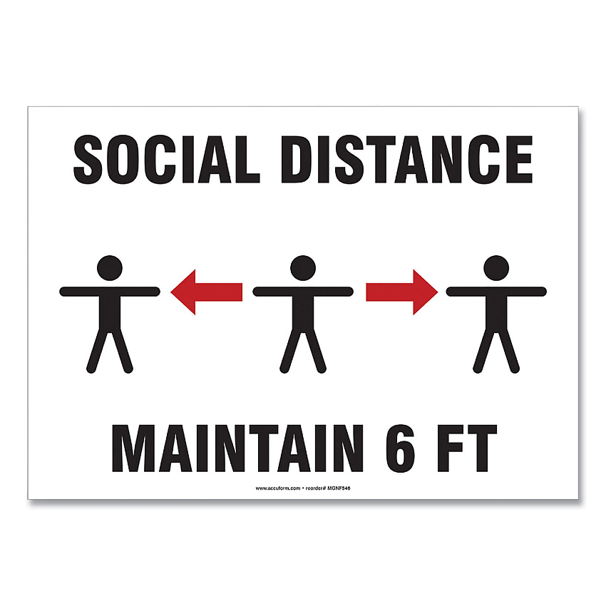 Accuform Social Distance Signs, Wall, 10 x 7, "Social Distance Maintain 6 ft", 3 Humans/Arrows, White, 10/Pack (MGNF544VPESP)