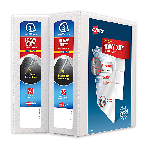 Avery Heavy-Duty Non Stick View Binder with DuraHinge and Slant Rings, 3 Rings, 3" Capacity, 11 x 8.5, White, 2/Pack (79791)