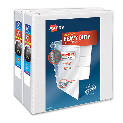 Avery Heavy-Duty Non Stick View Binder with DuraHinge and Slant Rings, 3 Rings, 4" Capacity, 11 x 8.5, White, 2/Pack (79875)