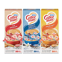 Coffee-mate Liquid Coffee Creamer, French Vanilla/Hazelnut/Original, 0.38 oz Mini Cups, 150 Cups/Carton (46193CT)