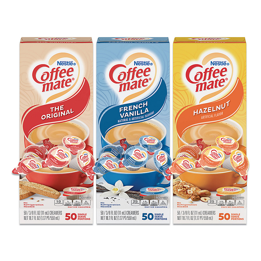 Coffee-mate Liquid Coffee Creamer, French Vanilla/Hazelnut/Original, 0.38 oz Mini Cups, 150 Cups/Carton (46193CT)
