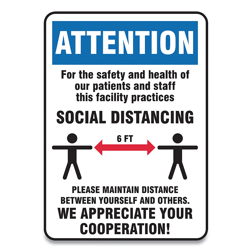 Accuform Social Distance Signs, Wall, 7 x 10, Patients and Staff Social Distancing, Humans/Arrows, Blue/White, 10/Pack (MGNG903VPESP)