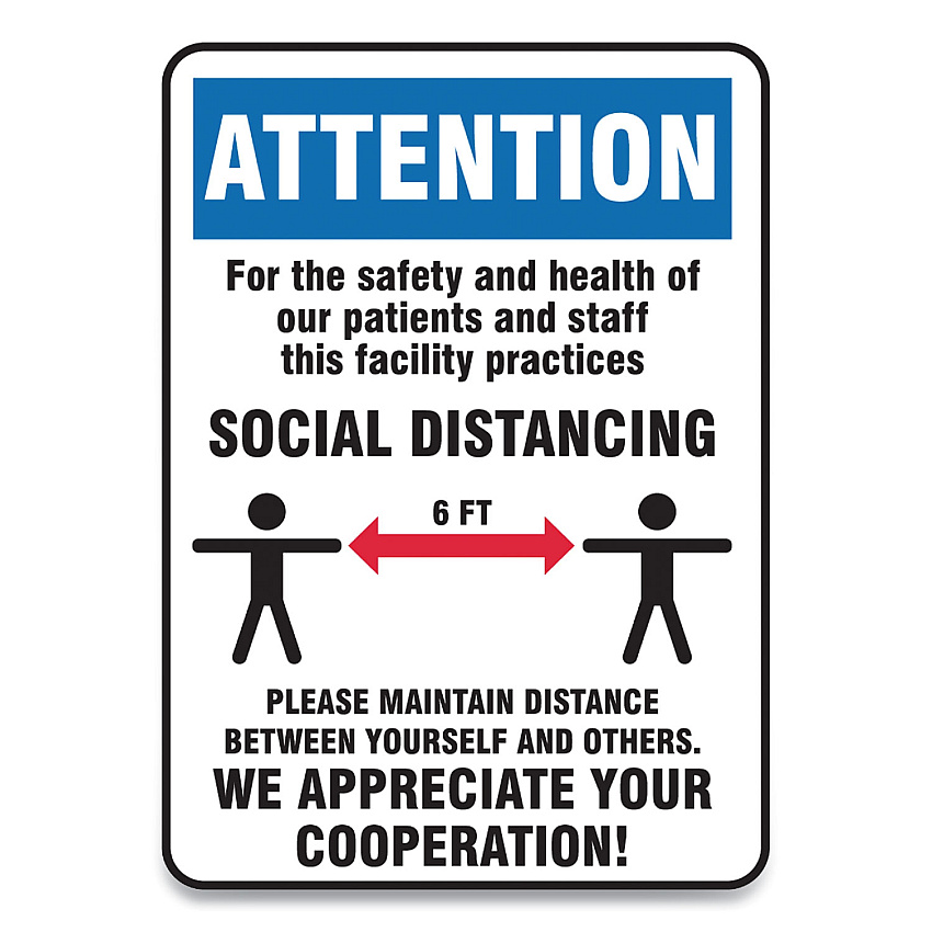Accuform Social Distance Signs, Wall, 10 x 14, Patients and Staff Social Distancing, Humans/Arrows, Blue/White, 10/Pack (MGNG907VPESP)