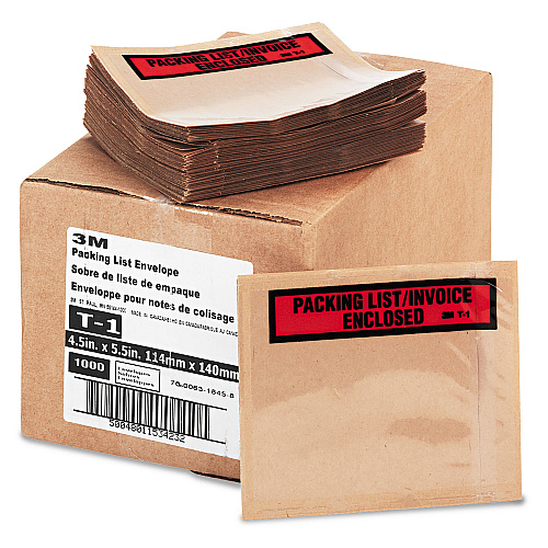 3M Top Print Self-Adhesive Packing List Envelope, Top-Print Front: Packing List/Invoice Enclosed, 4.5 x 5.5, Clear, 1,000/Box (T11000)