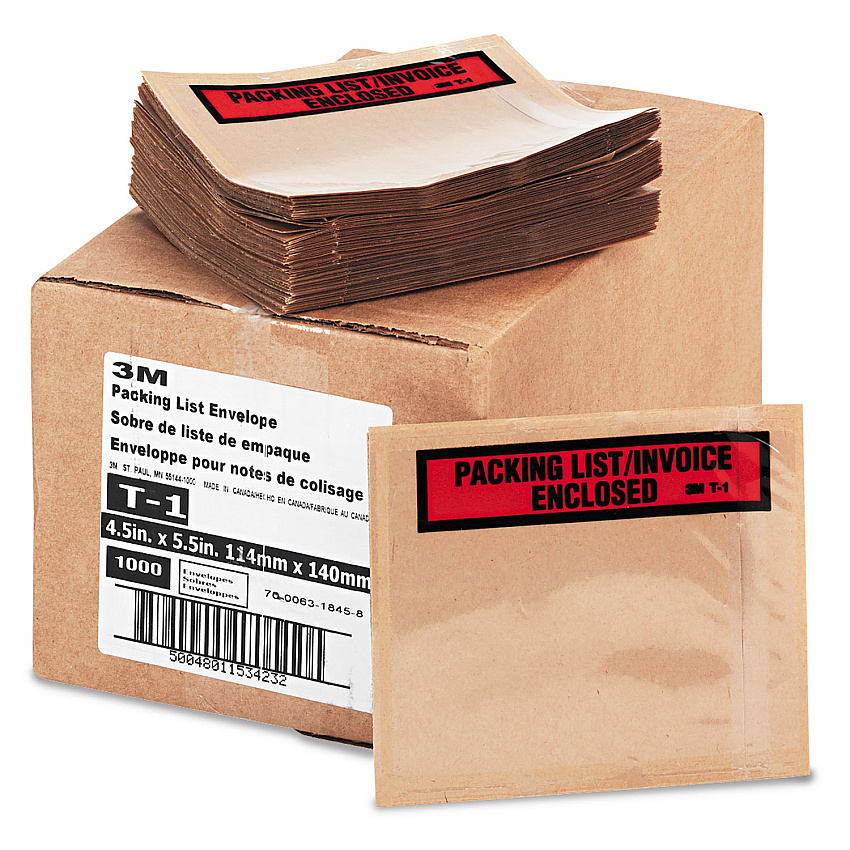 3M Top Print Self-Adhesive Packing List Envelope, Top-Print Front: Packing List/Invoice Enclosed, 4.5 x 5.5, Clear, 1,000/Box (T11000)