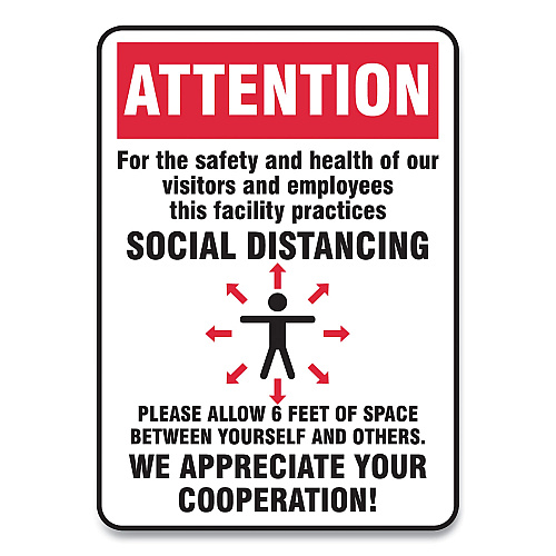 Accuform Social Distance Signs, Wall, 10 x 14, Visitors and Employees Distancing, Humans/Arrows, Red/White, 10/Pack (MGNG906VPESP)