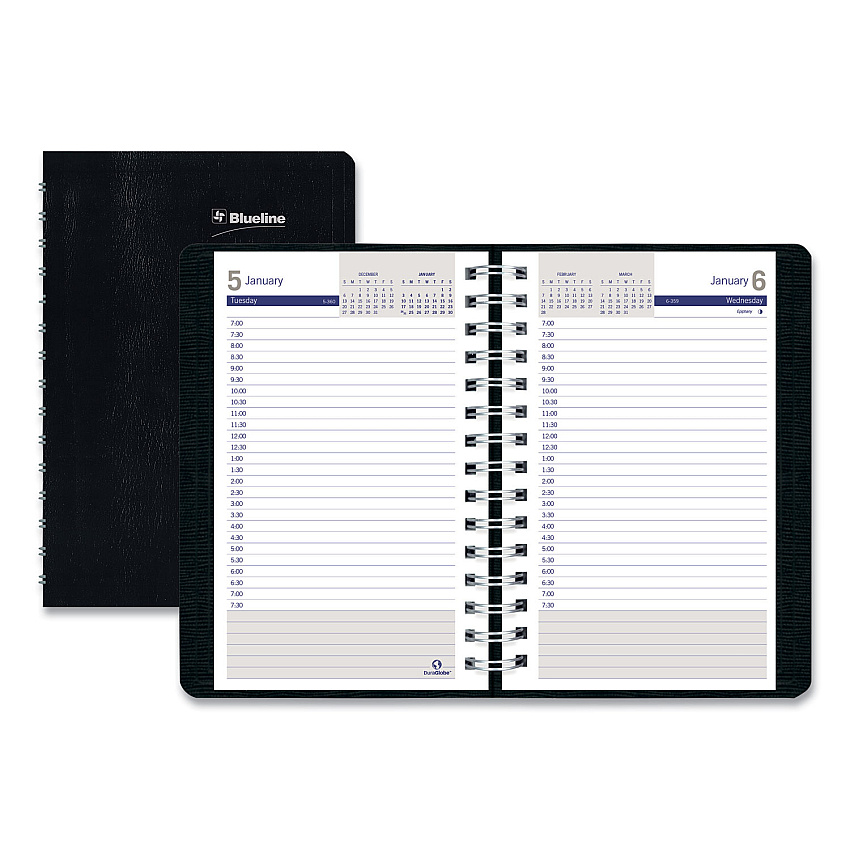 Blueline DuraGlobe Daily Planner, 30-Minute Appointments, 8 x 5, Black Soft Cover, 12-Month (Jan to Dec): 2026 (C21021T)