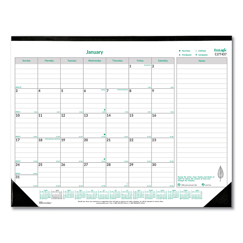 Brownline EcoLogix Monthly Desk Pad Calendar, EcoLogix Artwork, 22 x 17, White/Green Sheets, Black Binding, 12-Month (Jan-Dec): 2026 (C177437)