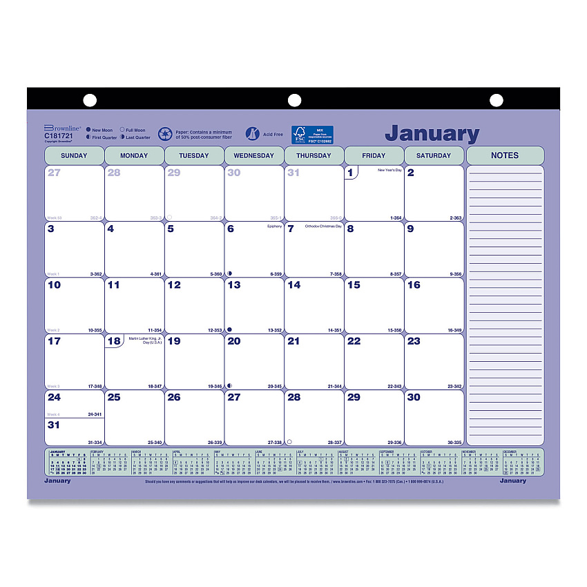 Brownline Monthly Desk Pad Calendar, 3-Hole Punched, 11 x 8.5, White/Blue/Green Sheets, Black Binding, 12-Month (Jan to Dec): 2026 (C181721)