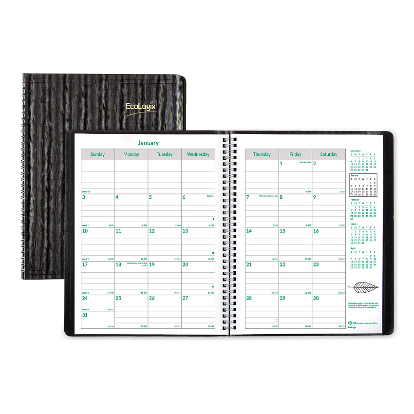 Brownline EcoLogix Recycled Monthly Planner, EcoLogix Artwork, 11 x 8.5, Black Cover, 14-Month: Dec 2025 to Jan 2027 (CB435WBLK)