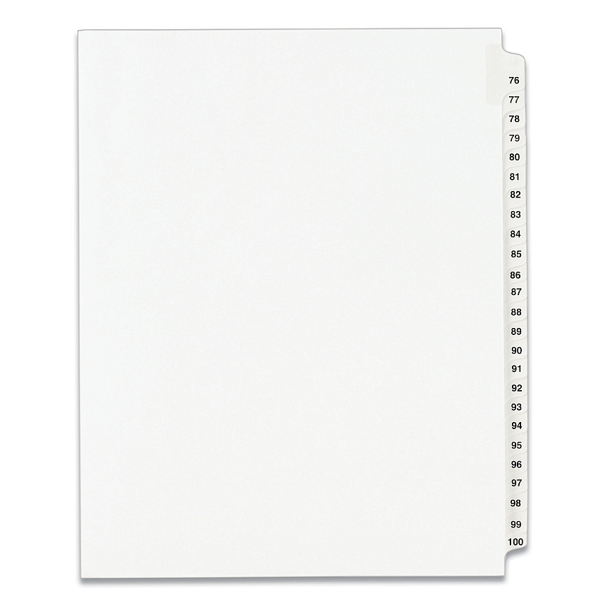 Preprinted Legal Exhibit Side Tab Index Dividers, Avery Style, 25-Tab, 76 to 100, 11 x 8.5, White, 1 Set, (1333) (01333)