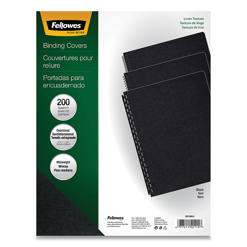Fellowes Expressions Linen Texture Presentation Covers for Binding Systems, Black, 11.25 x 8.75, Unpunched, 200/Pack (52115)