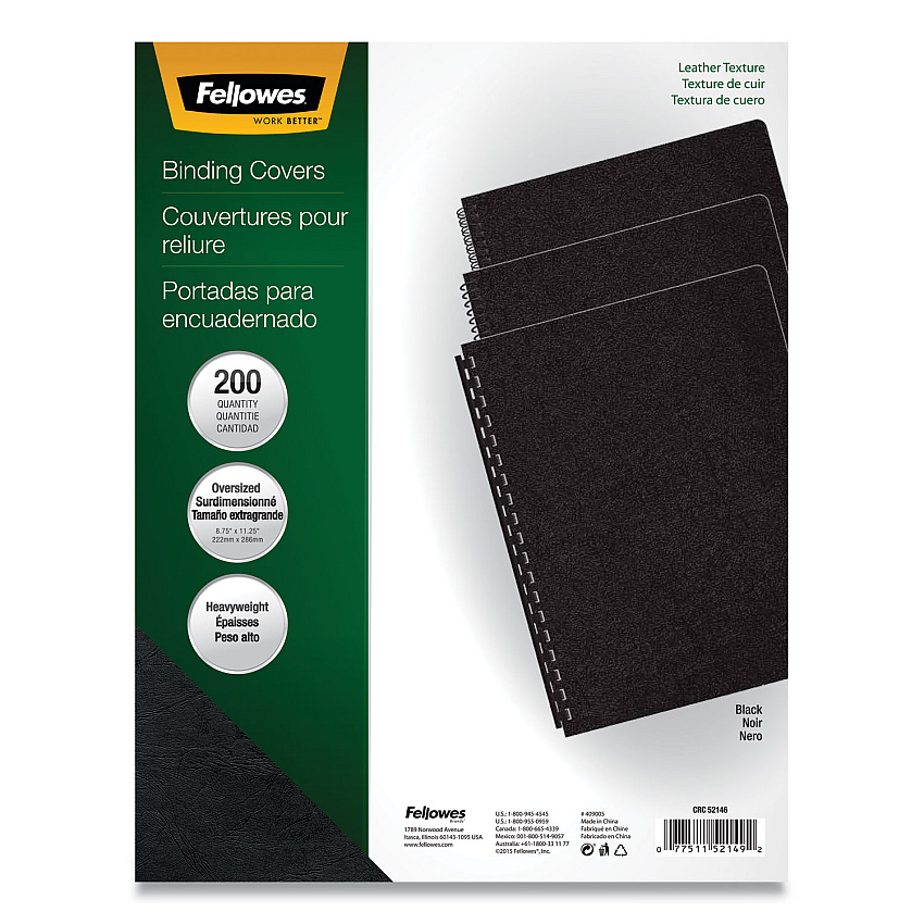 Fellowes Executive Leather-Like Presentation Cover, Black, 11.25 x 8.75, Unpunched, 200/Pack (52149)