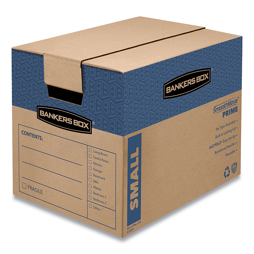 Bankers Box SmoothMove Prime Moving/Storage Boxes, Hinged Lid, Regular Slotted Container, Small, 12" x 16" x 12", Brown/Blue, 10/Carton (0062701)