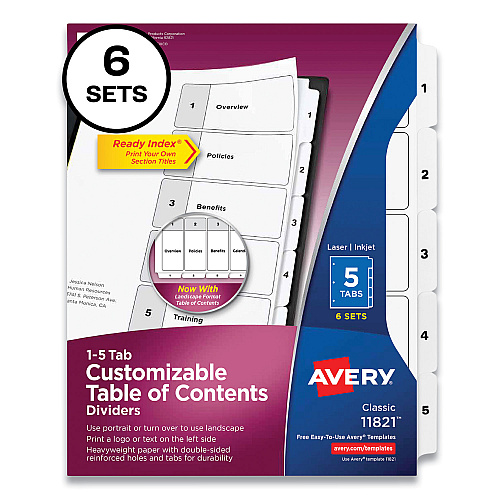 Avery Customizable Table of Contents Ready Index Black and White Dividers, 5-Tab, 1 to 5, 11 x 8.5, White, 6 Sets (11821)