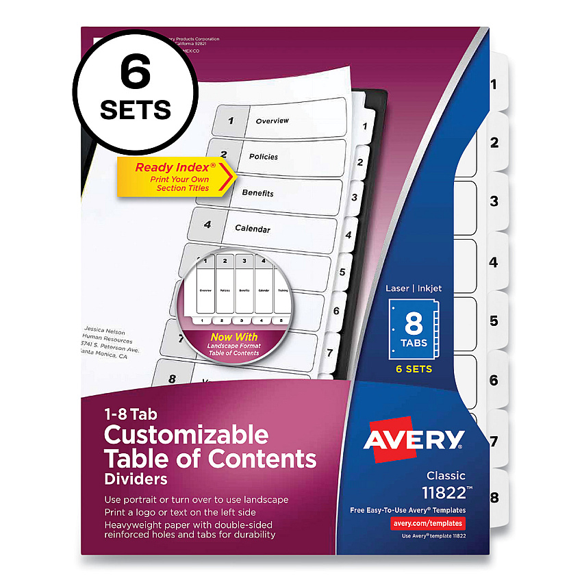 Avery Customizable Table of Contents Ready Index Black and White Dividers, 8-Tab, 1 to 8, 11 x 8.5, White, 6 Sets (11822)