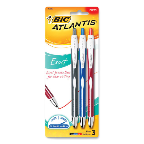 BIC Atlantis Exact Retractable Ballpoint Pen, Fine mm, Assorted