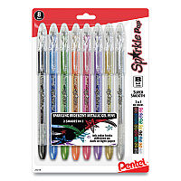 Pentel Sparkle Pop Metallic Gel Pen, Stick, Bold 1 mm, Assorted Ink Colors, Clear Barrel, 8/Pack (K91BPS8M)
