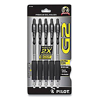 Pilot G2 Premium Gel Pen, Retractable, Extra-Fine 0.38 mm, Black Ink, Clear/Black Barrel, 5/Pack (G23C5BLK)