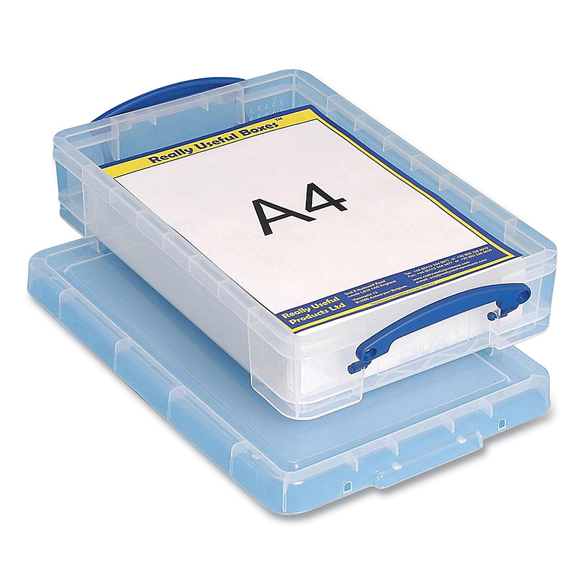 Really Useful Box Snap-Lid Storage Bin, 1.05 gal, 10.25" x 14.5" x 3.37", Clear/Blue (4LITRECLEAR)