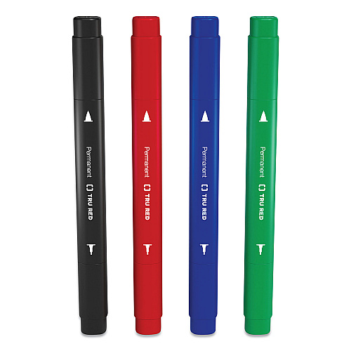 TRU RED Permanent Marker, Pen-Style Twin-Tip, Extra-Fine/Fine Bullet/Needle Tips, Assorted Colors, 4/Pack (24417734)