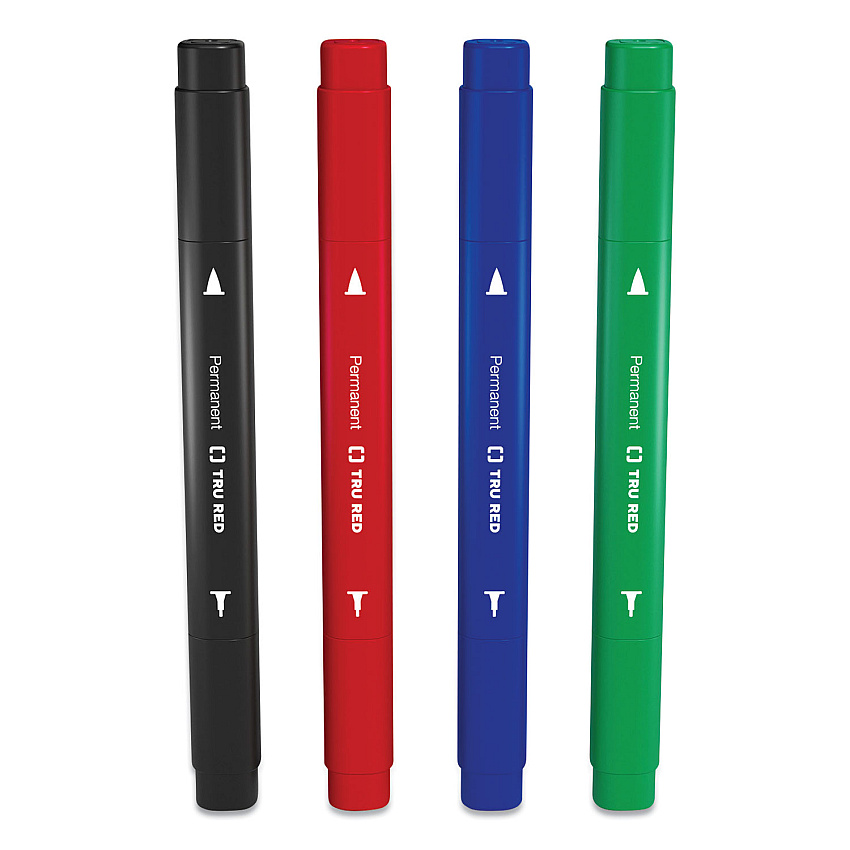 TRU RED Permanent Marker, Pen-Style Twin-Tip, Extra-Fine/Fine Bullet/Needle Tips, Assorted Colors, 4/Pack (24417734)