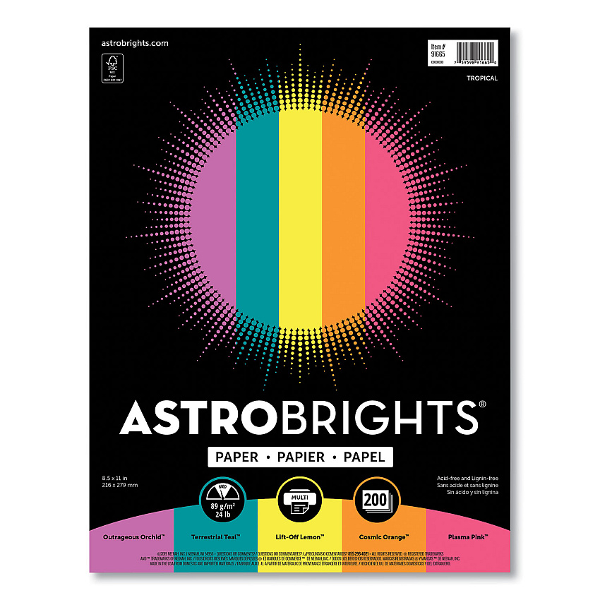 Astrobrights Color Paper - "Tropical" Assortment, 24 lb Bond Weight, 8.5 x 11, Assorted Tropical Colors, 500/Ream (91665)