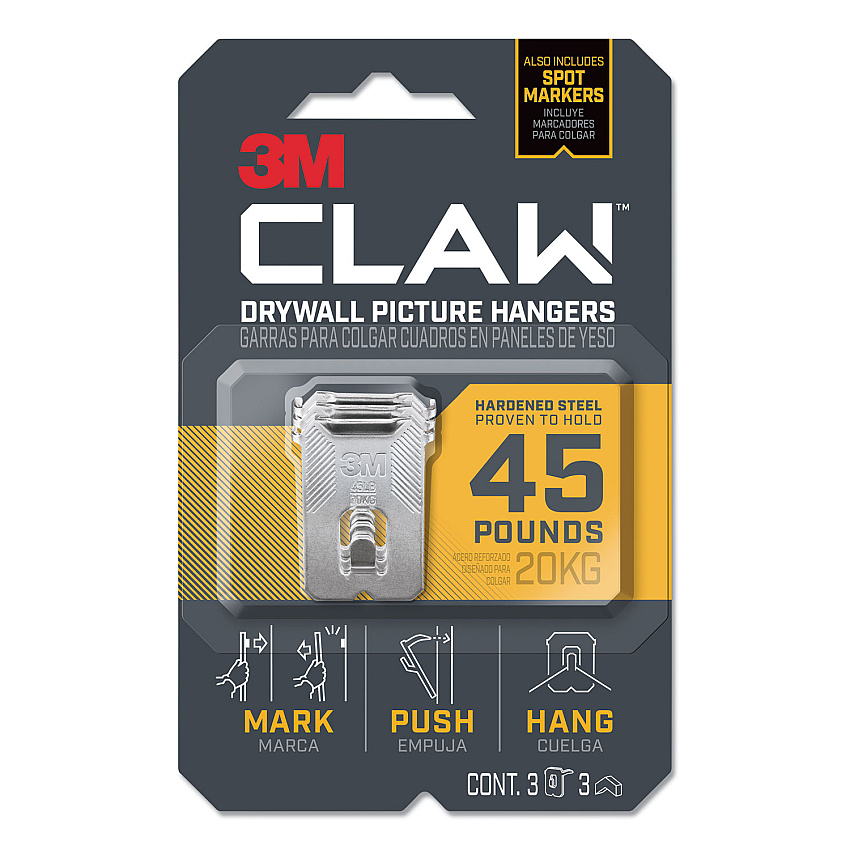3M Claw Drywall Picture Hanger, Stainless Steel, 45 lb Capacity, 3 Hooks and 3 Spot Markers (3PH45M3ES)