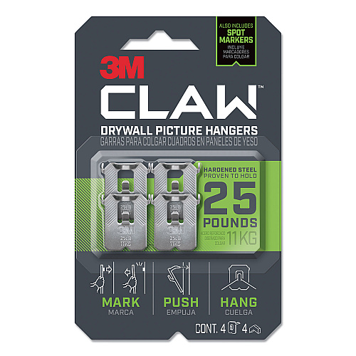 3M Claw Drywall Picture Hanger, Stainless Steel, 25 lb Capacity, 4 Hooks and 4 Spot Markers, (3PH25M4ES)