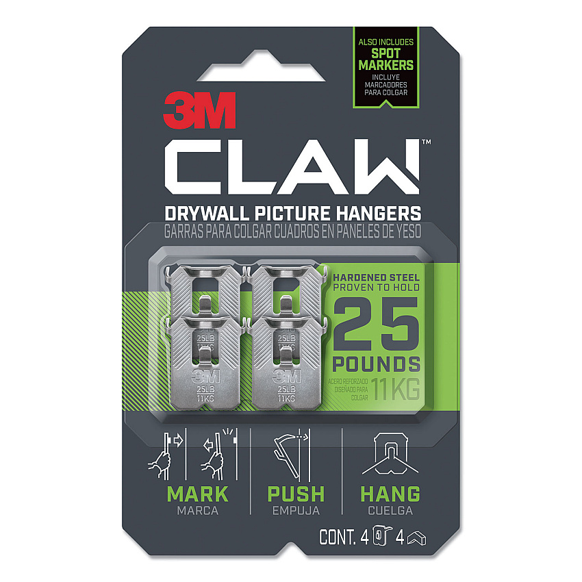 3M Claw Drywall Picture Hanger, Stainless Steel, 25 lb Capacity, 4 Hooks and 4 Spot Markers, (3PH25M4ES)
