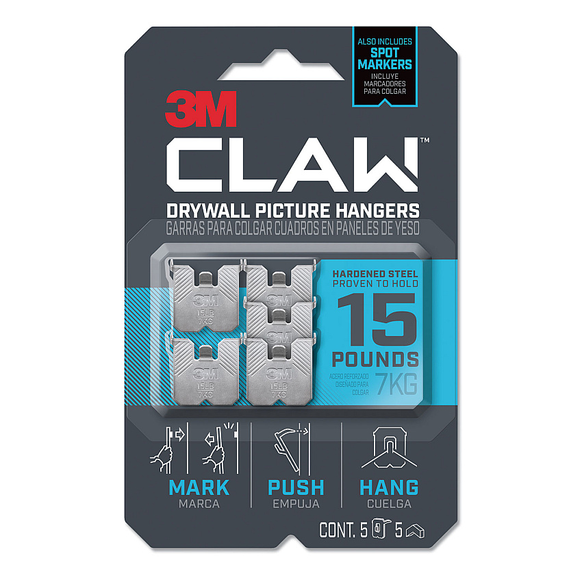 3M Claw Drywall Picture Hanger, Stainless Steel, 15 lb Capacity, 5 Hooks and 5 Spot Markers (3PH15M5ES)