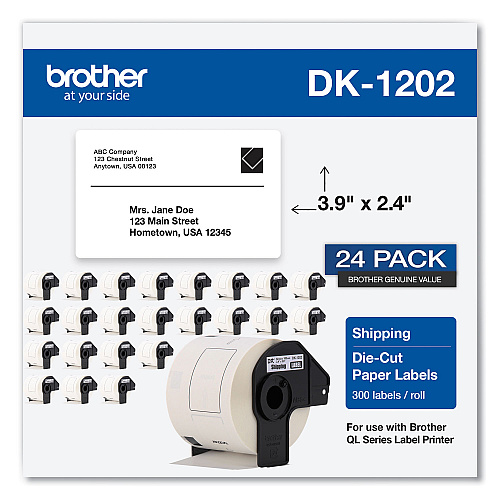 Brother Die-Cut Shipping Labels, 2.4 x 3.9, White, 300 Labels/Roll, 24 Rolls/Pack (DK120224PK)