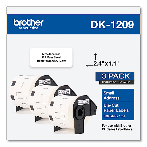 Brother Die-Cut Address Labels, 1.1 x 2.4, White, 800 Labels/Roll, 3 Rolls/Pack (DK12093PK)