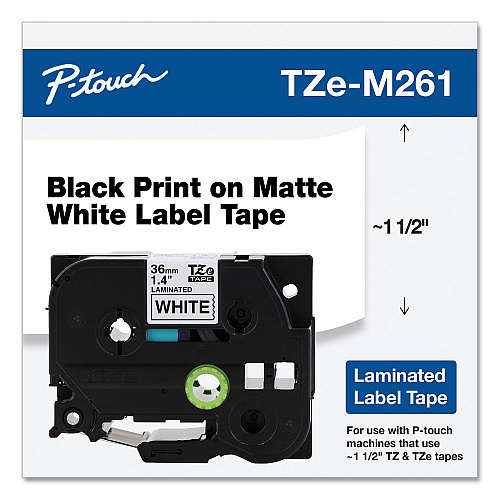 Brother TZe Standard Adhesive Laminated Labeling Tape, 1.4" x 26.2 ft, Black on Matte White (TZEM261)