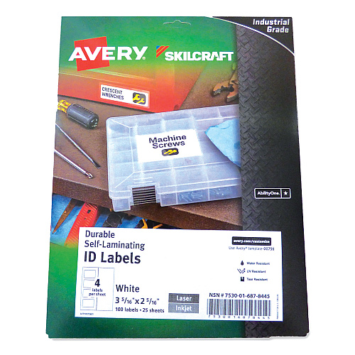 AbilityOne 7530016878445, SKILCRAFT AVERY Durable Self-Laminating ID Labels, 2.31 x 3.31, White, 4/Sheets, 25 Sheets/Pack