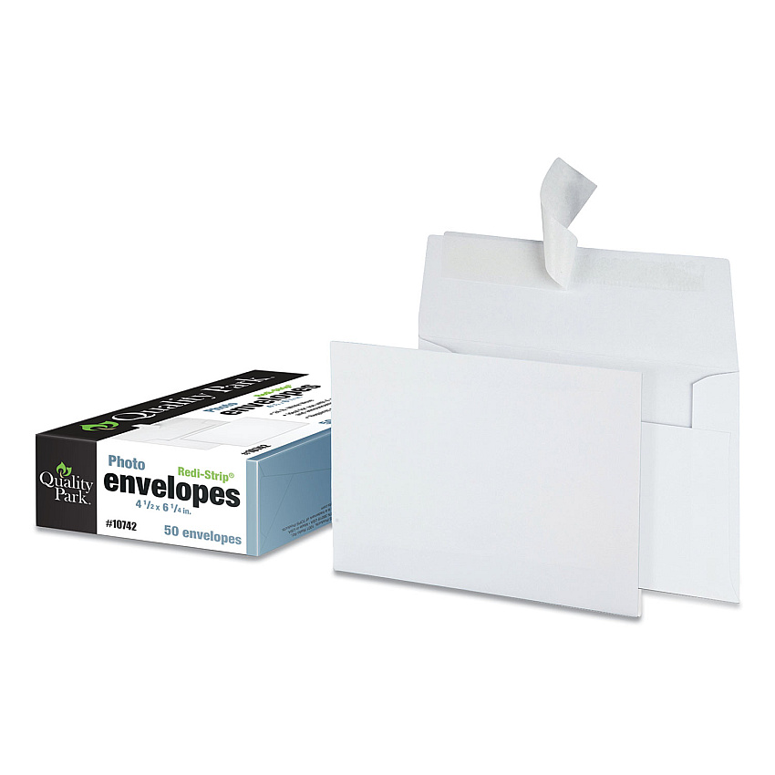 Quality Park Greeting Card/Invitation Envelope, A-4, Square Flap, Redi-Strip Adhesive Closure, 4.5 x 6.25, White, 50/Box (10742)