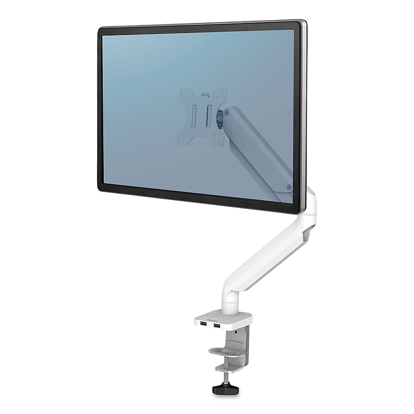Fellowes Platinum Series Single Monitor Arm, For 27" Monitors, 360 deg Rotation, 45 deg Tilt, 180 deg Pan, White, Supports 20 lb Height Adjustable - 1 Display(s) Supported - 32" to 40" Screen Support - 17.64 lb Load Capacity - 75 x 75, 100 x 100 (8056201)