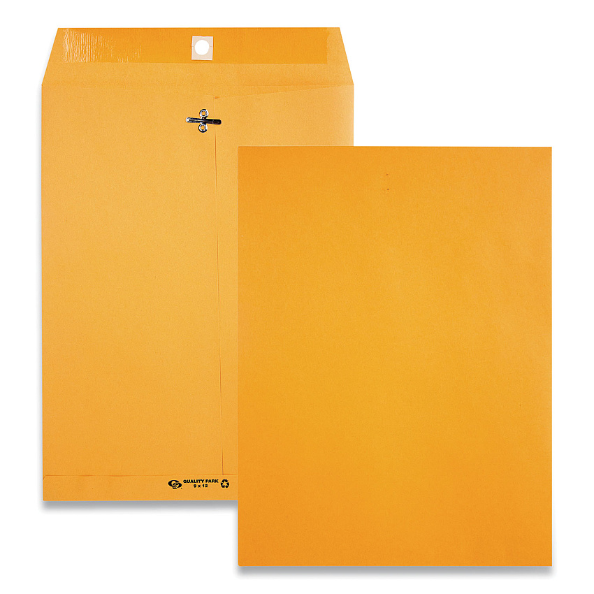 Quality Park Clasp Envelope, 28 lb Bond Weight Kraft, #90, Square Flap, Clasp/Gummed Closure, 9 x 12, Brown Kraft, 100/Box (38190)