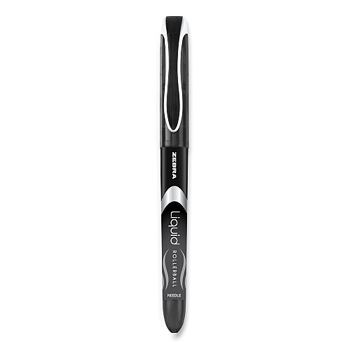 Zebra Liquid Ink Roller Ball Pen, Stick, Extra-Fine 0.5 mm, Black Ink, Black/Silver Barrel, 12/Pack (44410)