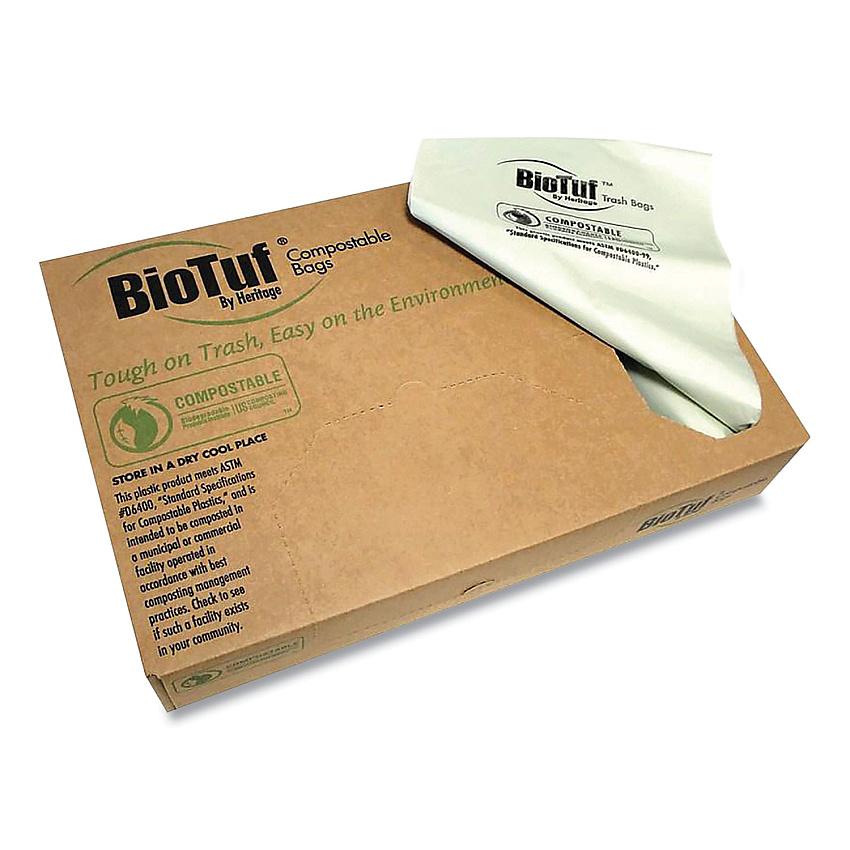 Heritage Biotuf Compostable Can Liners, 33 gal, 0.9 mil, 33" x 39", Light Green, 25 Bags/Roll, 8 Rolls/Carton (Y6639TER01)