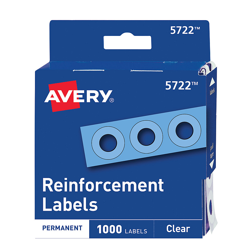 Avery Dispenser Pack Hole Reinforcements, 0.25" Dia, Clear, 1,000/Pack, (5722) (05722)