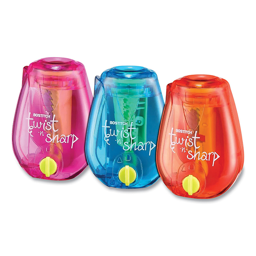 Bostitch Twist-n-Sharp Pencil Sharpener, One-Hole, 3.5 x 1.25 x 5.5, Assorted Colors, 3/Box (PS1ADJ3PK)