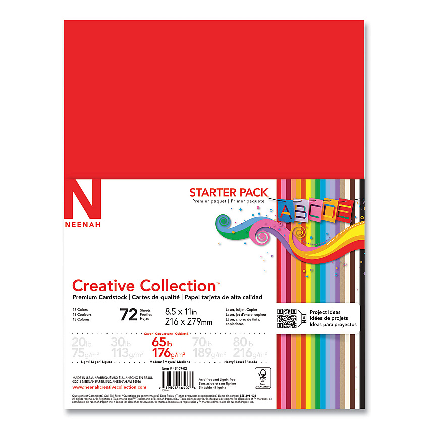 Neenah Paper Creative Collection Premium Cardstock, 65 lb Cover Weight, 8.5 x 11, Assorted Starter Pack, 72/Pack (4640702)