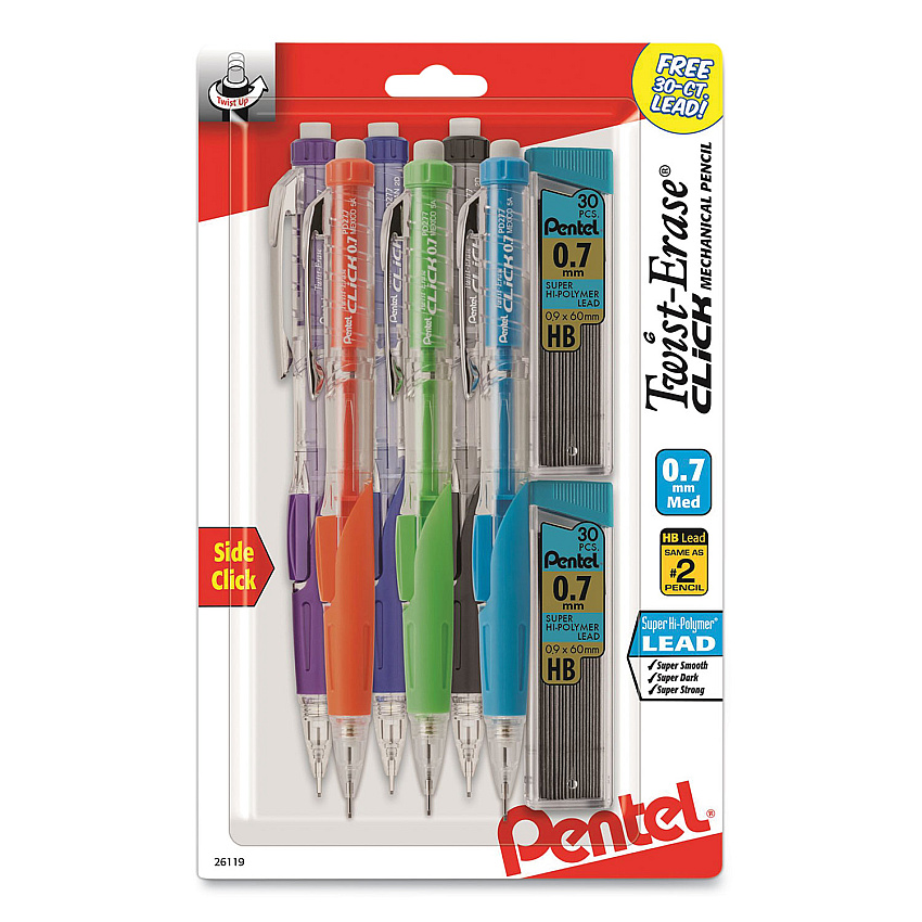 Pentel Twist-Erase CLICK Mechanical Pencil, 0.7 mm, HB (#2), Black Lead, Assorted Barrel Colors, 6/Pack (PD277TLBPS6M)