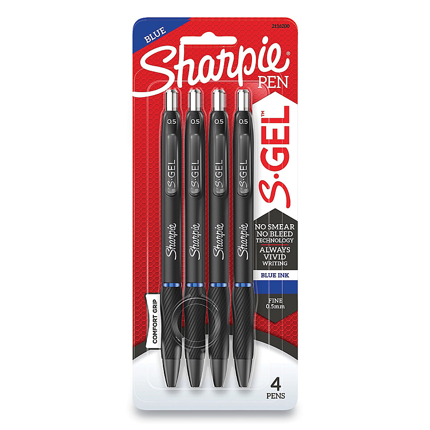 Sharpie S-Gel High-Performance Gel Pen, Retractable, Fine 0.5 mm, Blue Ink, Black Barrel, 4/Pack (2116200)