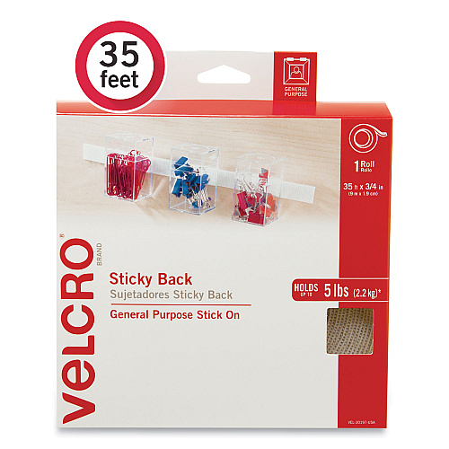 Velcro Sticky-Back Fasteners, Removable Adhesive, 0.75" x 35 ft, White (30197USA)
