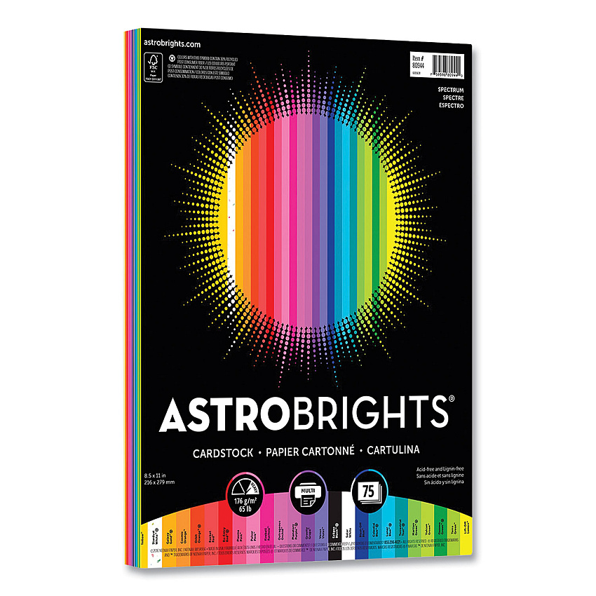 Astrobrights Color Cardstock, 65 lb Cover Weight, 8.5 x 11, Assorted Spectrum Colors, 75/Pack (8094401)